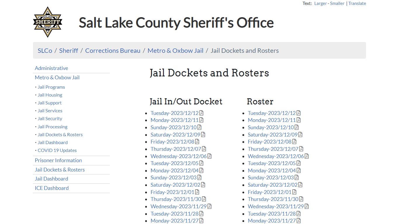 Jail Dockets and Rosters - Sheriff | SLCo - Salt Lake County